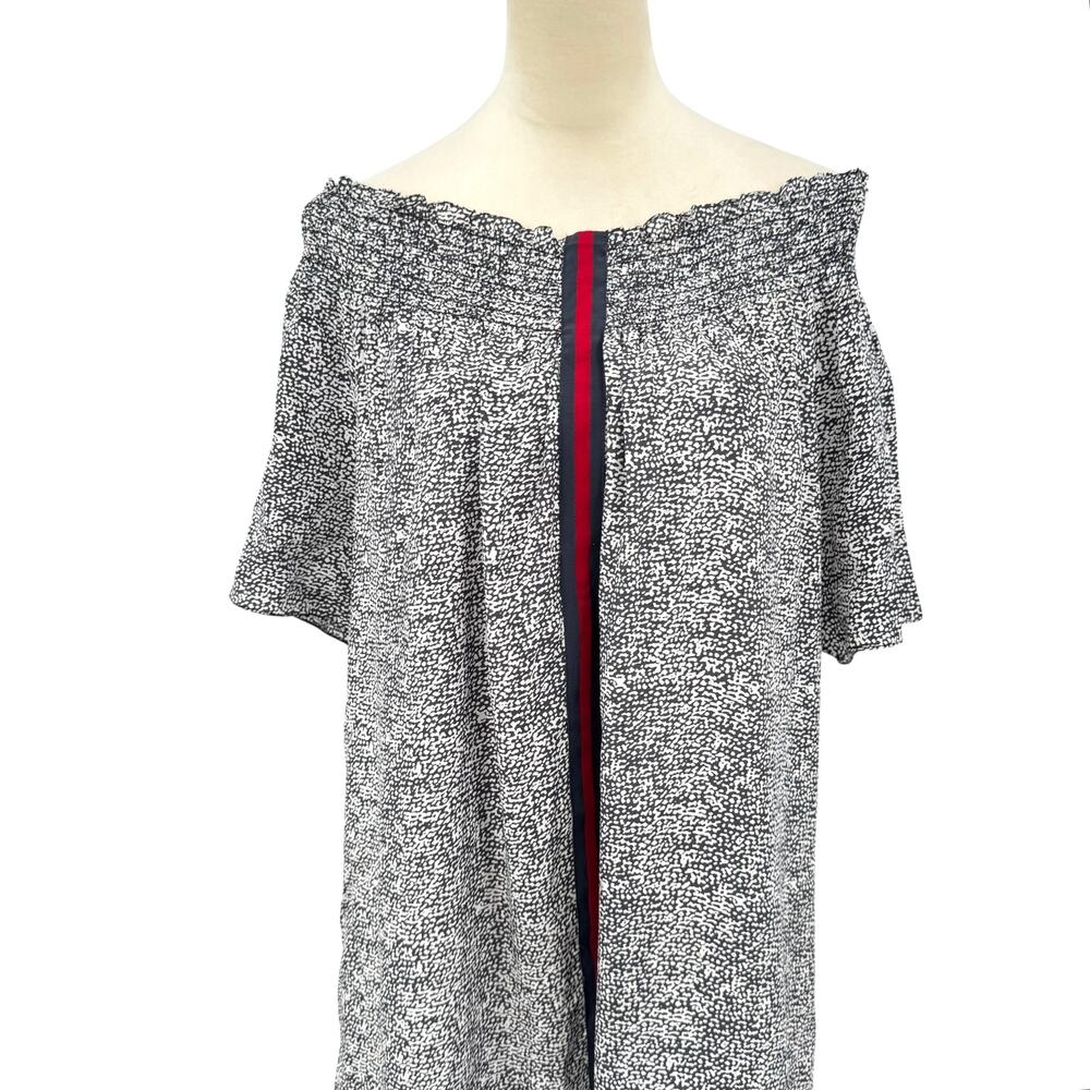 Rungolee Gray & White Print Center Stripe Smocked Off the Shoulder Mini Dress - Picture 5 of 12